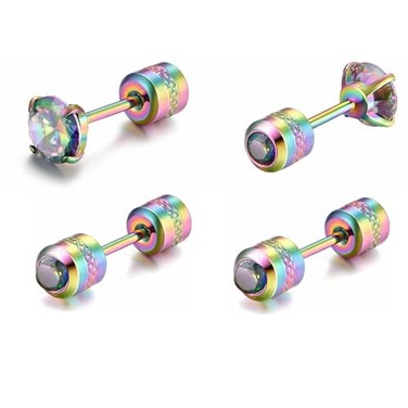 CVAYU Hypoallergenic double sided diamond Stud Earrings For Womens Men Secure Safety Screw back Cartilage CZ Stud Earrings 4mm Rainbow 2 Pairs