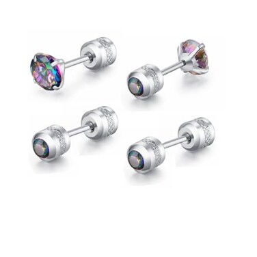 CVAYU Hypoallergenic double sided diamond Stud Earrings For Womens Men Secure Safety Screw back Cartilage CZ Stud Earrings 4mm Silver 2 Pairs