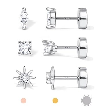 GEMQUEEN Hypoallergenic Flat Back Earrings for Women White Gold Plated Solid 925 Sterling Silver Post Stud Cartilage Helix Conch Tragus Piercing Jewelry 3 Pairs Tiny Screw Dainty CZ Opal Earring Set r