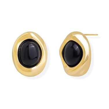 Jean Beau Gold Chunky Black Stone Stud Earrings for Women Valentine Trendy Obsidian Natural Gemstone Square Hypoallergenic Earring Jewelry Gift