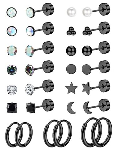 Jstyle Hypoallergenic Flat Back Stud Earrings for Women Men Surgical Stainless Steel Earrings for Sensitive Ears Small Flatback Stud Hoop Earrings Cartilage Earring Set Multiple Piercing Black Tone