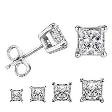 LIEBLICH Princess Cut Cubic Zirconia Stud Earrings Stainless Steel Square Earrings Set 4 Pairs 3mm6mm Silver