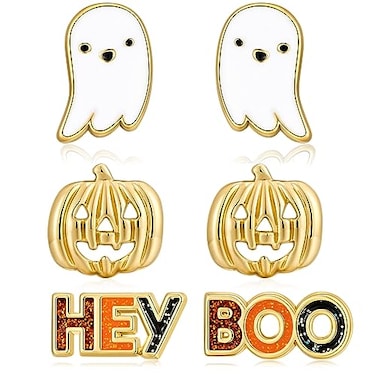 LILIE&WHITE LILIEWHITE Halloween For Women Initial HEY BOO Ghost Pumpkin Stud Set Ghost Pumpkin Hey Boo Halloween Jewelry