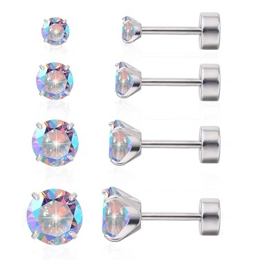 limerencia 4 Pairs G23 Hypoallergenic Flat Back Titanium Earrings Set for Women Men20G 36mm Screw Back Cubic Zirconia Studs Cartilage Earrings for Sensitive Ears