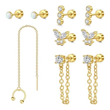 Longita Gold Flat Back Stud Earrings 20 Gauge Tragus Helix Cartilage Earrings Screw Back Earrings for Women with Chain