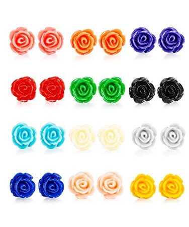 LOYALLOOK 12 Pairs Assorted Colors Resin Rose Flower Earring Studs Set Stainless Steel PostNickelfree 10MM