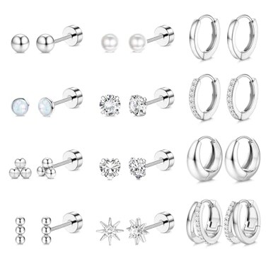 LOYALLOOK Flat Back Earrings for Women Hypoallergenic Surgical Steel Earrings for Sensitive Ears Silver Flatback Stud Hoop Earring Stacks Cartilage Earring Set for Multiple Piercing