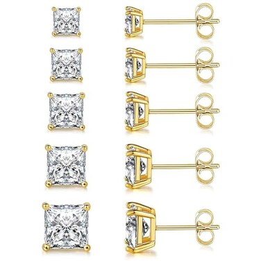 MDFUN Gold Stud Earrings Set 18K Yellow Gold Plated Hypoallergenic Princess Cut Square Clear Cubic Zirconia Stud Earring for Women 37 MM Pack of 5 Pairs