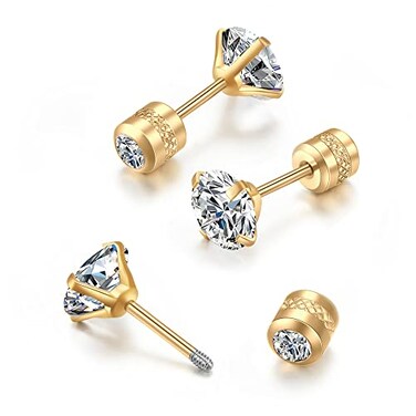 Renkovte Minimalist Flat Screw Back Stud Earrings for WomenSafety Screw on Flatback CZ Earrings for Cartilage Helix Piercing Hypoallergenic 3mm CZ Gold