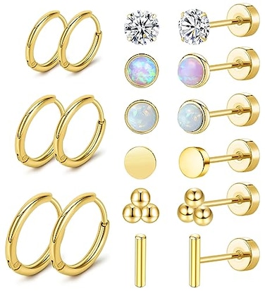 MJust 9 Pairs Flat Back Earrings for Women 3 prs Hoops 6 prs Studs Hypoallergenic Surgical Steel Earrings for Sensitive Ears 20G Screw Back Cartilage Earrings Set with CZ Opal Aureate