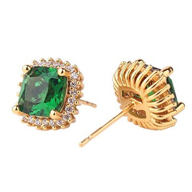 ODETOJOY 1 Pair Simulated Emerald Earrings 18K Yellow Gold Plated Square Cubic Zirconia Simulated Diamond Halo Stud Earrings for Women with Gift Box with Gift Box Green