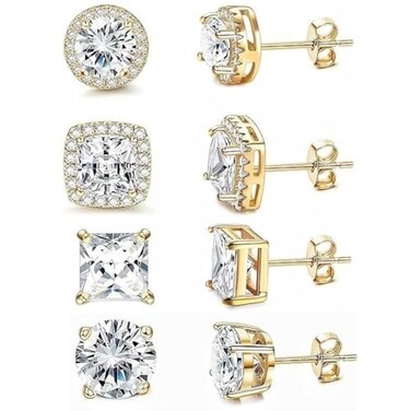 OPOMOMO 18K White Gold Plated Round Square Cubic Zirconia Simulated Diamond Halo Stud Earrings 4 Pairs