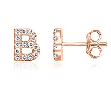 PAVOI 14K Rose Gold Plated 925 Sterling Silver CZ Alphabet Letter Earrings Initial Earrings for Women Letter B