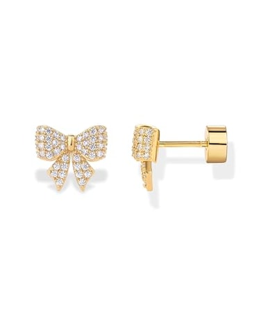 PAVOI 14K Yellow Gold Mini Bow Earrings for Women with Cubic Zirconia Bow Stud Coquette Flatback Earrings