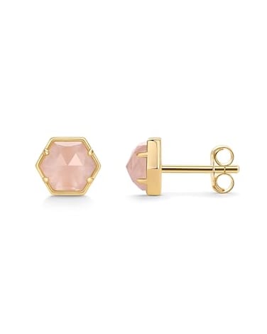 PAVOI 14K Yellow Gold Plated Hexagon Roze Quartz Gemstone Stud Earrings for Women Natural Birthstone Earring Pair