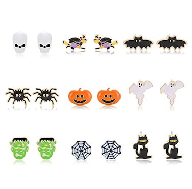 PHALIN 9 Pairs Halloween Earrings Studs Spider Web Pumpkin Ghost Bat Dangle Earrings for Women Halloween Outfits Accessories Costume Party Favors