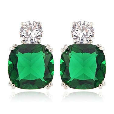 RIZILIA CLASSIC Stud Pierced Earrings with Cushion Cut Gemstones CZ Green Emerald in 18K White Gold Plated Simple Modern Elegant