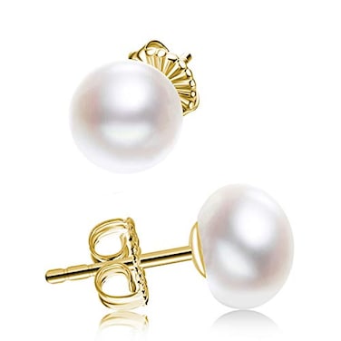 JORA Statement 10mm Pearl Earrings Gold Freshwater Cultured Pearl Stud Earrings for Women