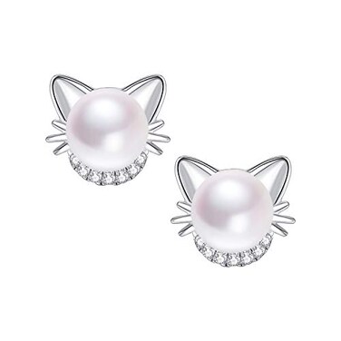 JORA Sterling Silver Cat Earrings Freshwater Pearl Stud Earrings for Women
