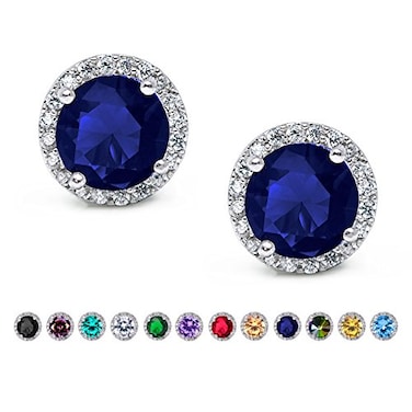 SWEETV Cubic Zirconia Stud Earrings 8mm Round Cut Rhinestone Hypoallergenic Earrings for Womensuitable for ages 15 Sapphire
