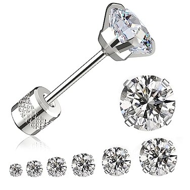 RAVORING Threadless Flat Back Stud Earrings 6 Pairs Titanium Hypoallergenic Earrings for Women Men Cubic Zirconia Silver Gold Stud Earrings Surgical Stainless Steel Stud Earring Set for Cartilage 28mm