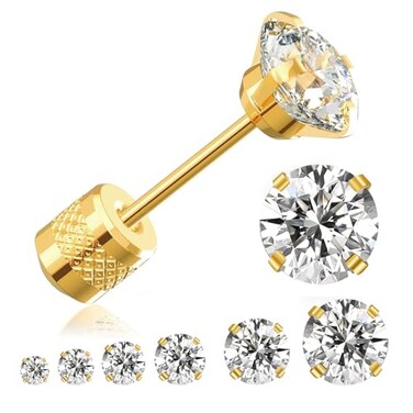 RAVORING Threadless Flat Back Stud Earrings 6 Pairs Titanium Hypoallergenic Earrings for Women Men Cubic Zirconia Silver Gold Stud Earrings Surgical Stainless Steel Stud Earring Set for Cartilage 28mm