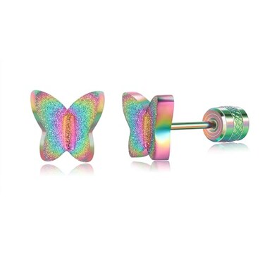 VOLUKA Titanium Star Butterfly Screw Back Earrings for Women Surgical Stainless Steel Hypoallergenic for Sensitive Ears Animal Ear Studs Rainbow butterfly