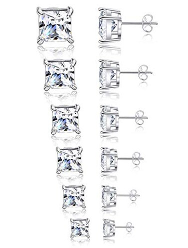 Tornito 6 Pairs 20G Stainless Steel Stud Earrings Square Cubic Zirconia Earring Set For Men Women 3MM8MM