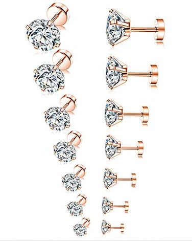 Tornito 7 Pairs 20G Stainless Steel Stud Earrings Round Cubic Zirconia Earring Set for Men Women 2MM8MM C7 Pairs Rose Gold ToneFlat Back