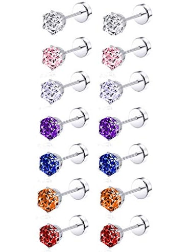 Tornito 7 Pairs Stainless Steel CZ Stud Earrings for Women Multicolor Cubic Zirconia Cartilage Helix Earrings Set Screwback 4MM