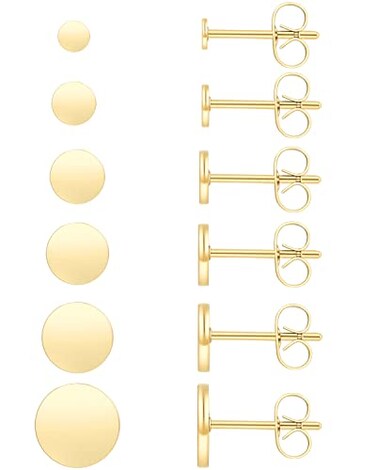 Holfeun Unisex 6 Pairs Dot Stud Earrings Surgical Steel Gold Plated Tiny Flat Disc Stud Earrings for Women Gold234568mm