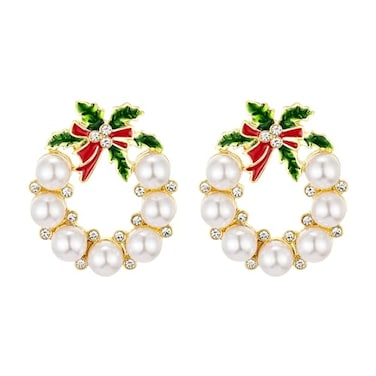 Vanjewnol Gold Christmas Wreath Stud Earrings for Women Simulated Pearl Hoop Drop Earrings Christmas E01N