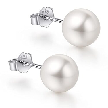 CUTEFEEL White Gold Plated Sterling Silver Pearl Stud Earrings for Women White Pearl Wedding Earrings Hypoallergenic Jewelry