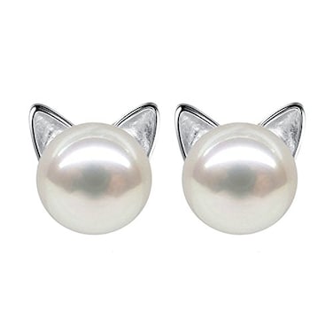 Wicary Cat Earrings Sterling Silver Pearl Earrings for Women Studs Cat Lovers Jewelry for Women