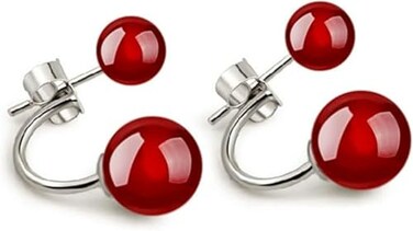 chakrit Women Earrings Natural Onyx Double Beads with Stud Earrings 925 Sterling Silver Jewelry red