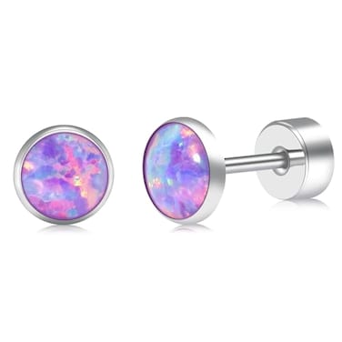ZDE Titanium Flatback Earrings for Women Opal Fire and Snow Stud Earrings Flat Back Women Earrings Hypoallergenic Cartilage Flatback Earring Helix Conch Piercing 4mm