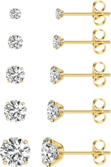 HANCAO 5 Pairs Extra Long Post Earrings 316L Stainless Steel Stud Earrings for Women Hypoallergenic Cubic Zirconia Ear Piercing Studs for Sensitive Ears 38mm Gold Color