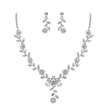 BriLove Womens Wedding Jewelry Leaf Cluster Flower Crystal Dangle Earrings Pendant Necklace Set for Bridal Clear SilverTone