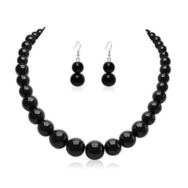 Cryshimmer Black Beads Necklace Earring Set for Women Chunky Beads Strand Statement Necklaces Costume Jewelry
