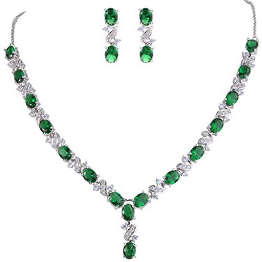 EleQueen Womens Silvertone Cubic Zirconia Oval Shape Leaf Necklace Earrings Set For Brides And Weddings Emerald Color