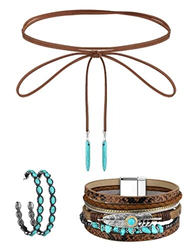 Inbagi 3 Pcs Western Jewelry for Women Bohemian Set Boho Pendant Long Choker Faux Leather Layered Bracelet Dangle EarringsDelicate Style