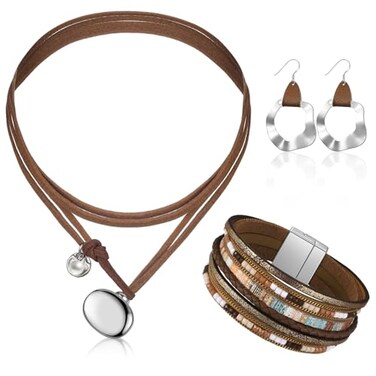 Inbagi 3 Pcs Western Jewelry for Women Bohemian Set Boho Pendant Long Choker Faux Leather Layered Bracelet Dangle EarringsRustic Style