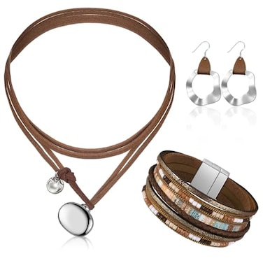 Inbagi 3 Pcs Western Jewelry for Women Bohemian Set Boho Pendant Long Choker Faux Leather Layered Bracelet Dangle EarringsSolid Style