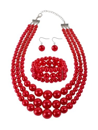KOSMOS-LI KOSMOSLI Large Jewelry Sets 3 Layer Simulated Red Pearl Womens Statement 18 Necklace Bracelet and Earrings Stocking Stuffers