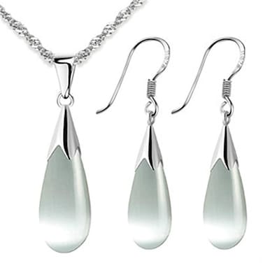 Merdia Womens 925 Sterling Silver Created Cats Eye Teardrop Pendant and Earrings Set Wedding Jewelry Set