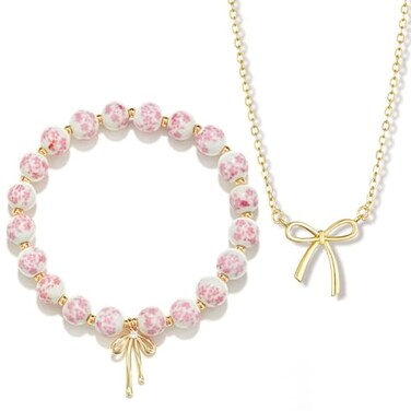 Qiuseadu Bow Coquette Preppy Beaded Bracelet Necklace Set for WomenPink