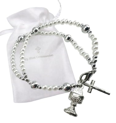 Westmon Works First Communion Bracelet for Girls Catholic Bracelet with Cross Chalice Charm Meaningful First Communion Gift for Girls with Keepsake Pouch