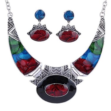 YAZILIND Ethnic Multicolor Embossed Oval Gangle Bib Collar Earrings Necklace Jewelry Set