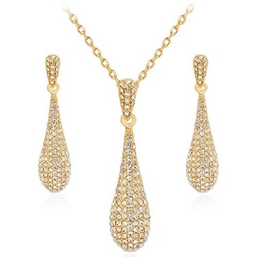 YINLI Gold Full Crystal Rhinestone Gem Tear Drop Pendant Necklace Earrings Jewelry Sets Style01