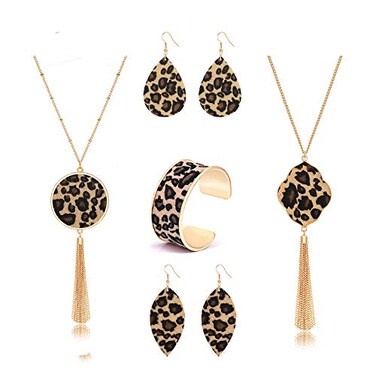 ZOLEAROPY Leopard Jewelry For Women Statement Leopard Cuff Bracelet Teardrop Leaf Earrings Long Tassel Pendant Necklace Set